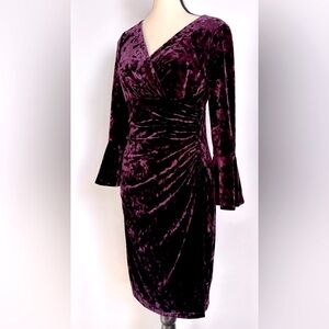 Lauren Ralph‎ Lauren Crushed Velvet Ruched Bell Sleeve Whimsigoth Cocktail Dress